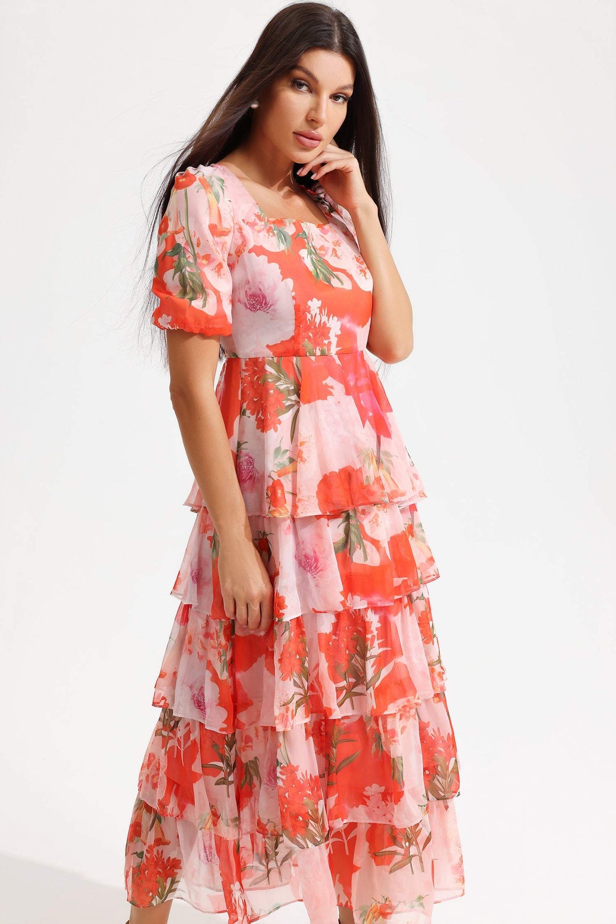 Square Collar Lantern Sleeve Tapered Waist Midi Dress