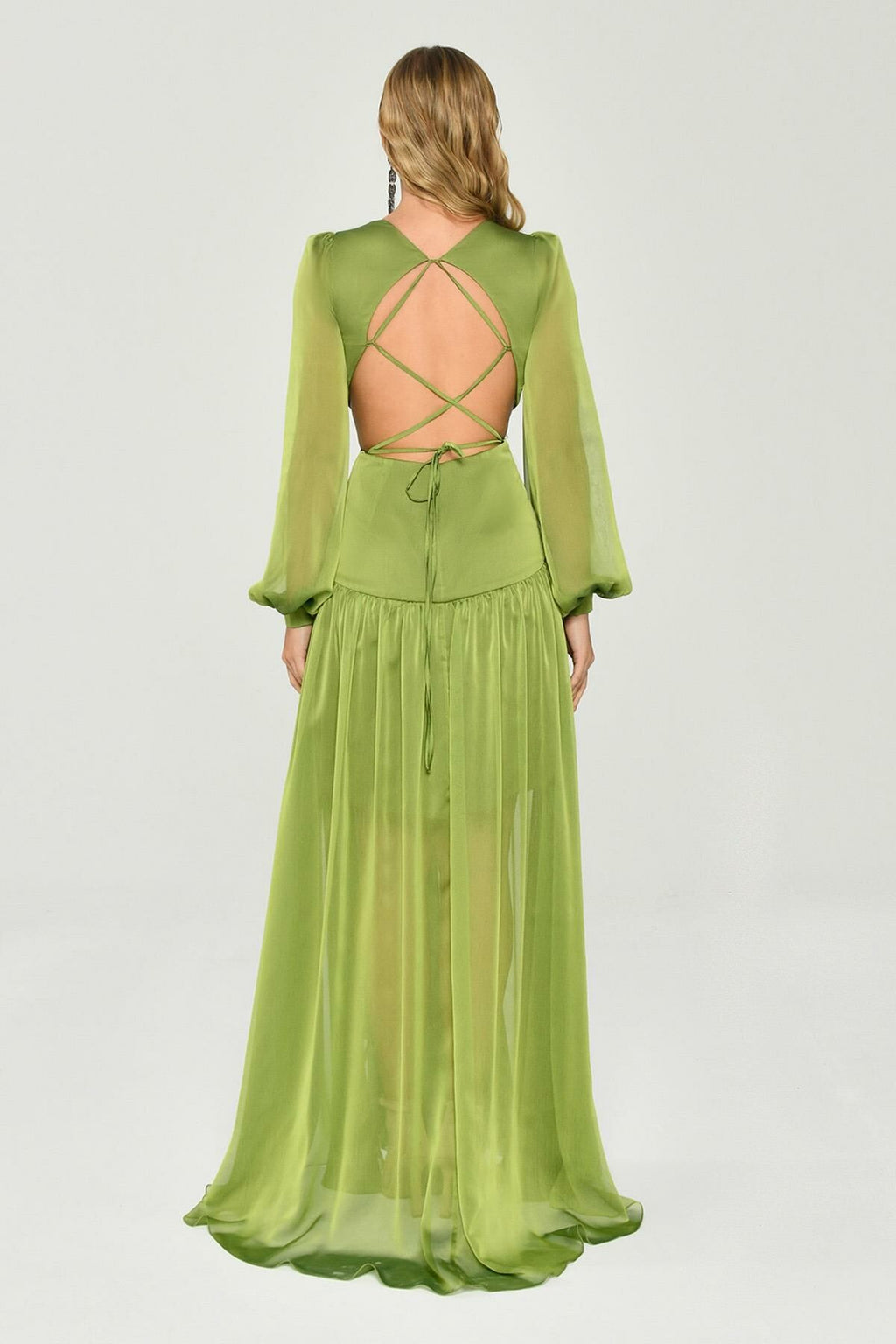 V-neck Ruffle Split Lantern Sleeve Maxi Dress