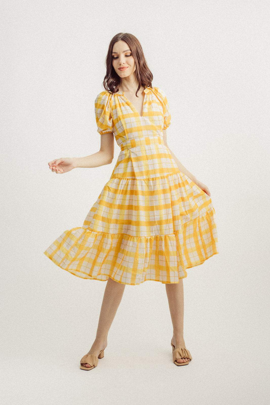 Lantern Sleeve V-neck Lattice Midi Dress Yellow