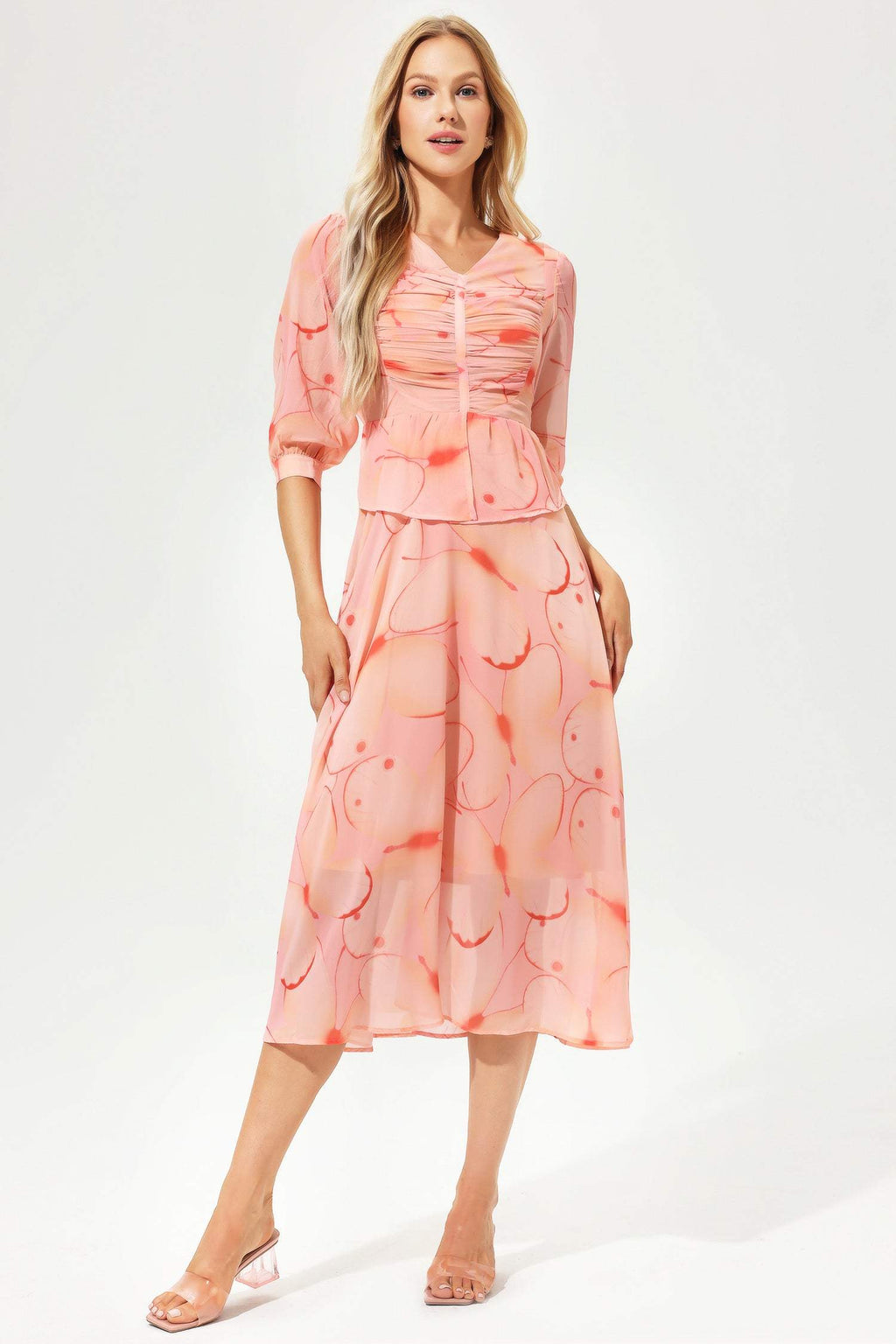 Printed Lantern Sleeve V-neck Pleated Midi Dress