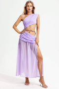One Shoulder Sleeveless Slit Ruched Midi Dress