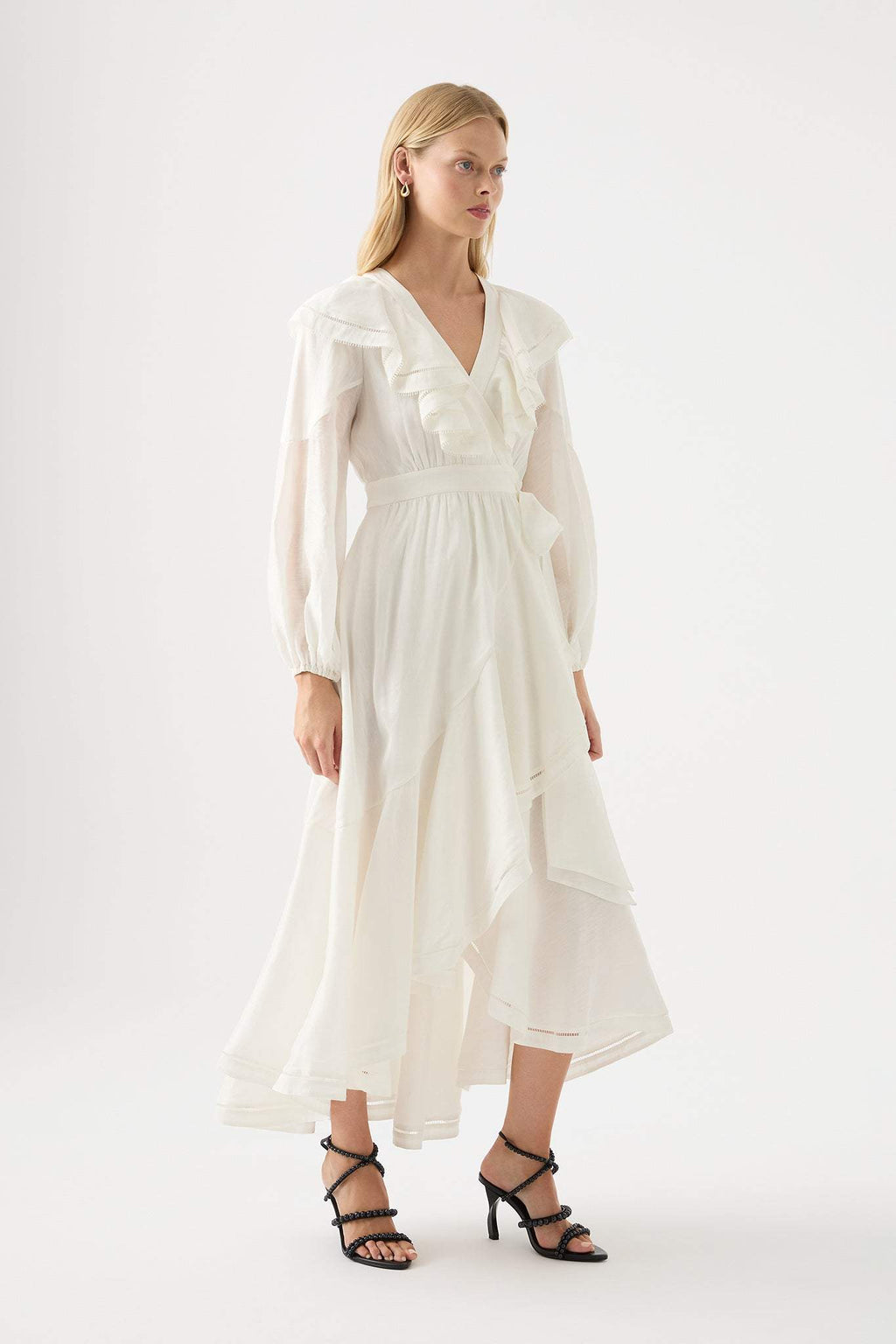 White Long Sleeve V-neck Asymmetric Ruffle Hem Midi Dress