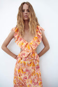Cross Strap Ruffle Hem Midi Dress