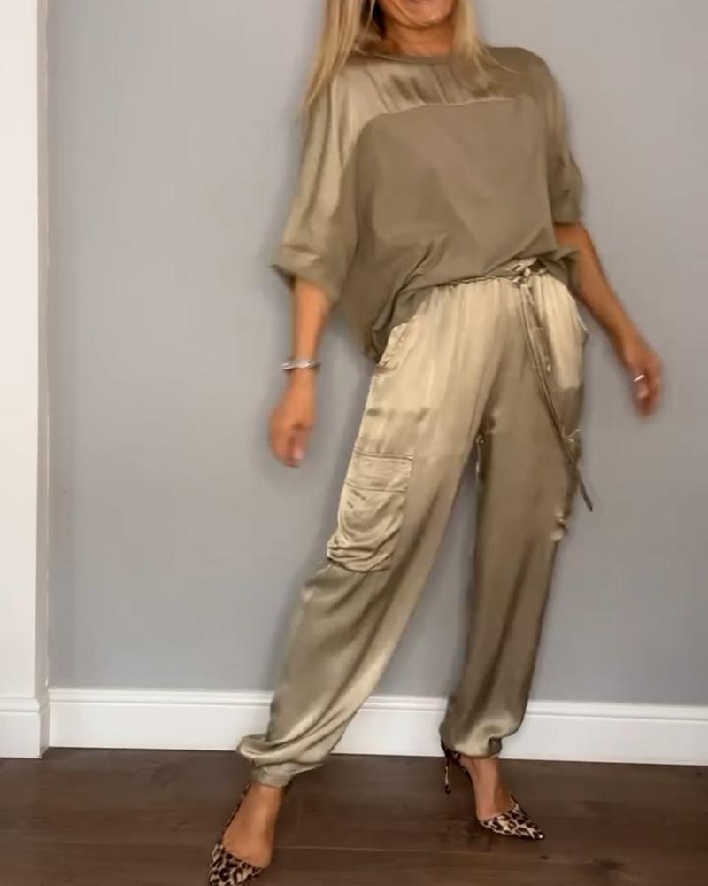 Smooth Satin Half-sleeved Top and Pant Suit Two-piece