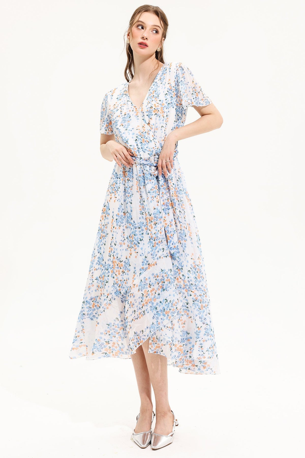 V-neck Short Sleeve Midi Dress Yellow