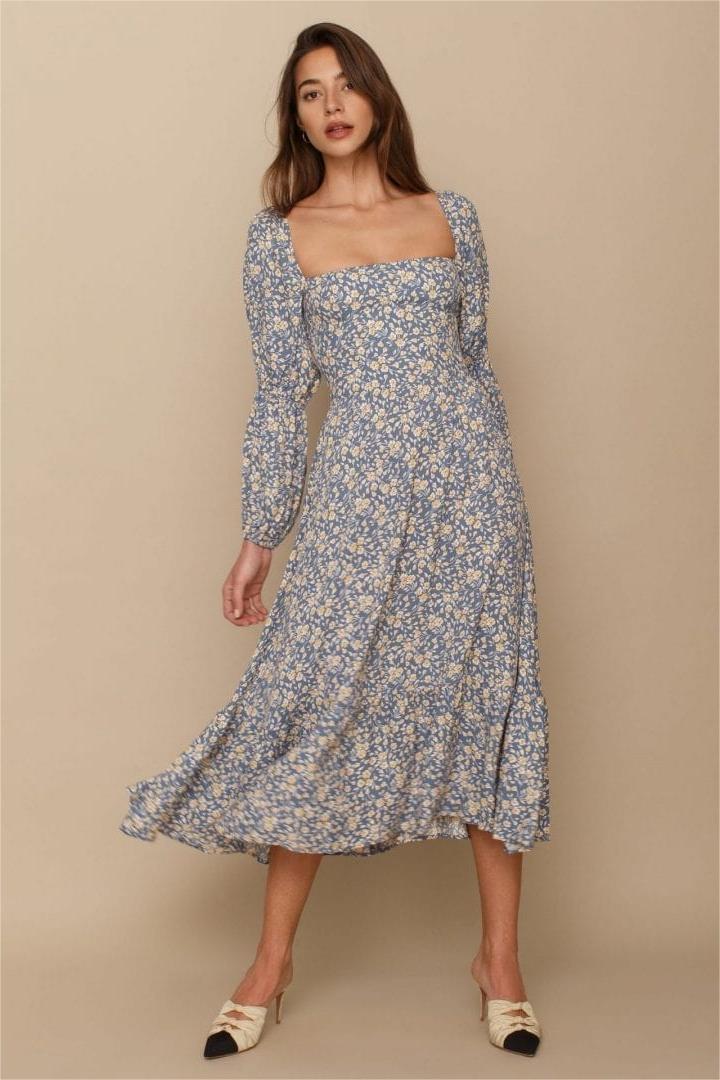 Long Sleeve Square Collar Midi Dress