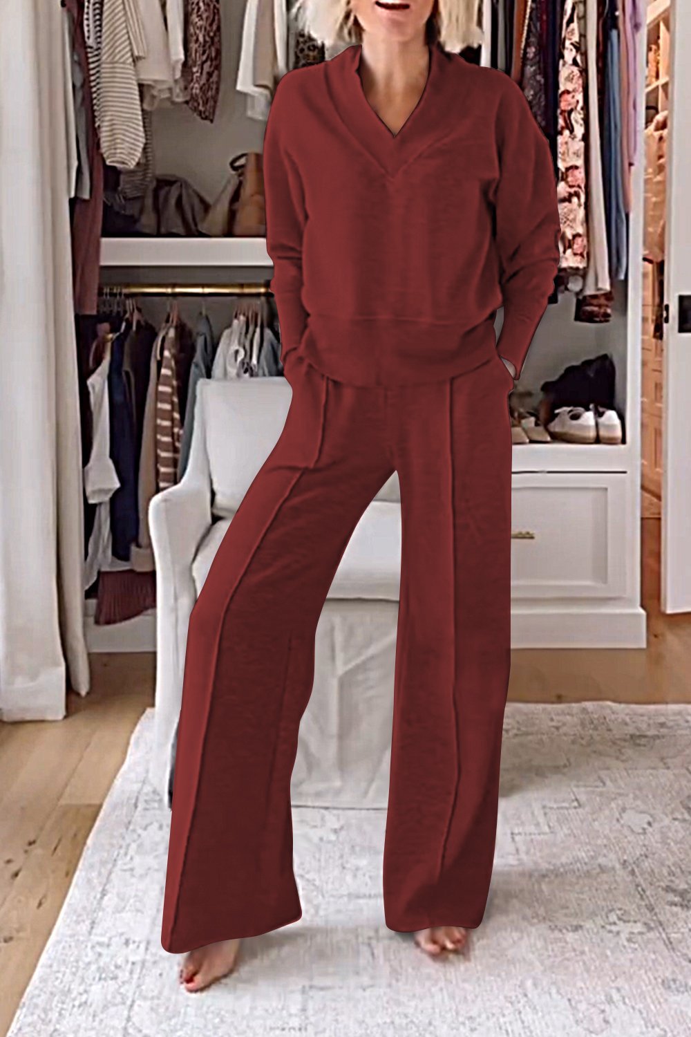 Color V-neck Top & Pants Two-piece Set