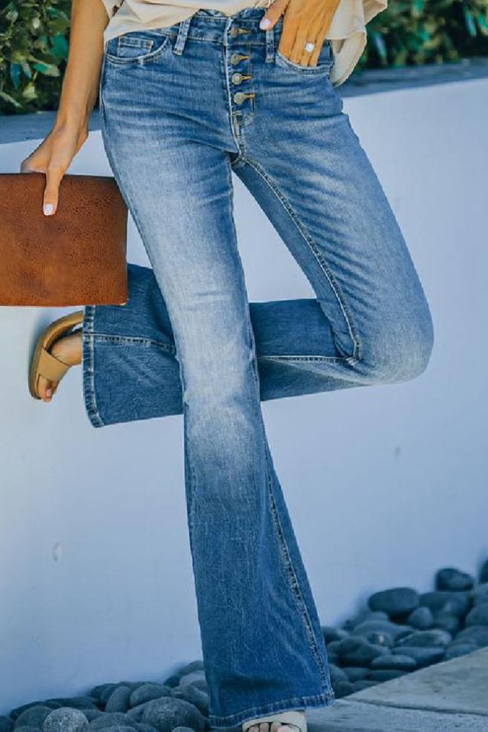 Slim Fit Long Pants Multi-button Flared Pants Washed Jeans
