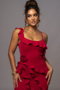 Strapless 3d Split Ruffle Maxi Dress