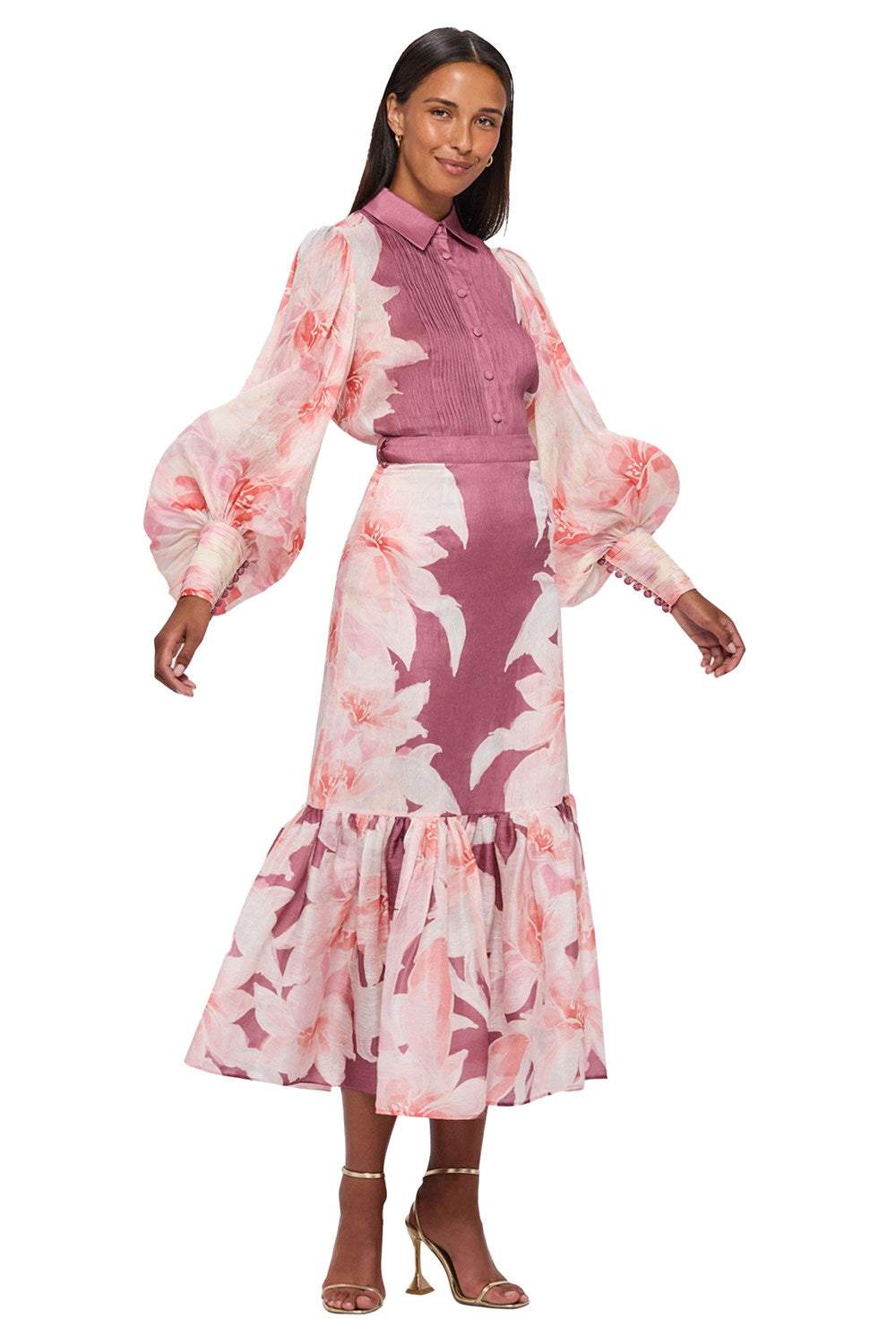 Printed Lantern Sleeve Fishtail Wrapped Hip Midi Dress
