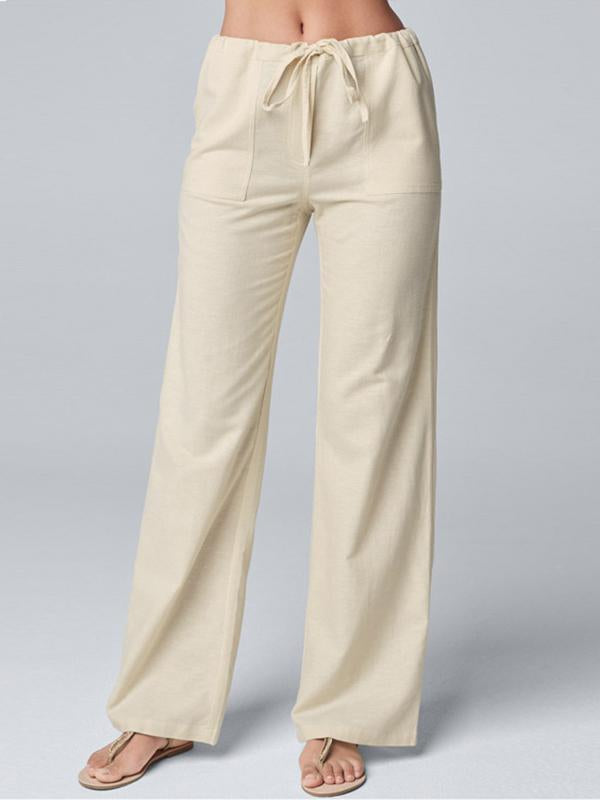 Color Loose Lace-up Cotton Hemp Straight Leg Pants