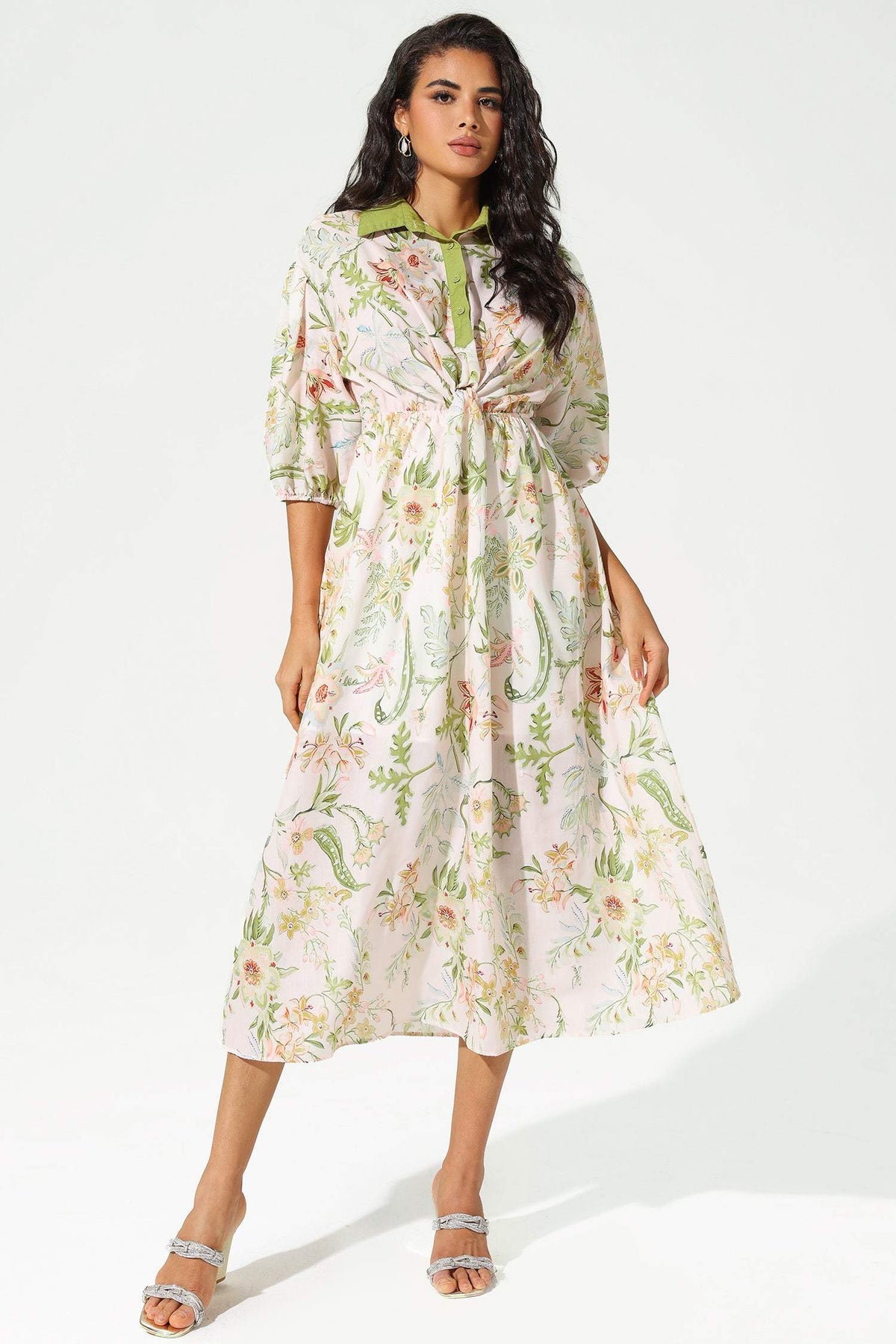 Mid Sleeve Lapel Lace Up Midi Dress