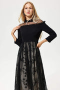 Long Sleeve Crew Collar Lace Midi Dress Black