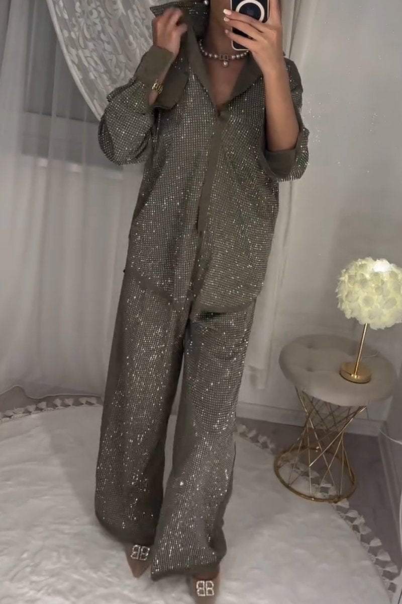 Stylish Diamond-embellished Top and Pants Two-piece Set