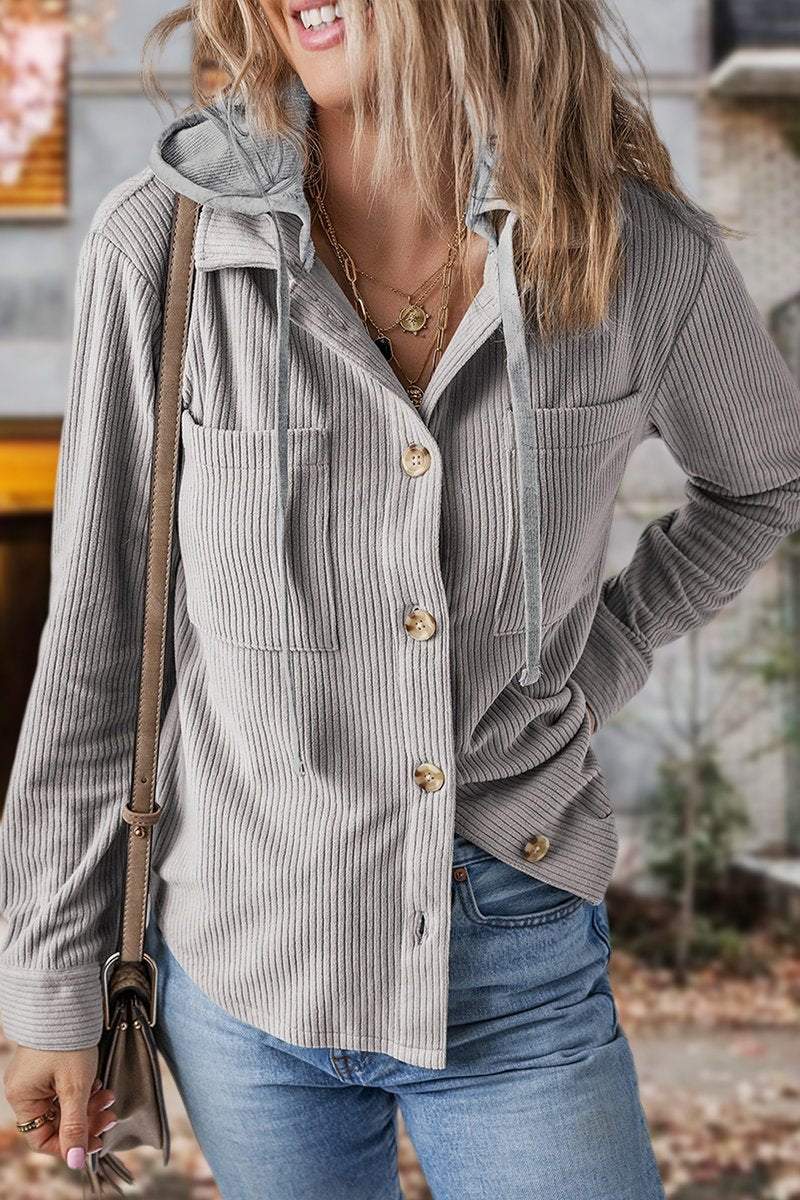 Lapel Button Cardigan Pocket Hood Drawstring Striped Jacket