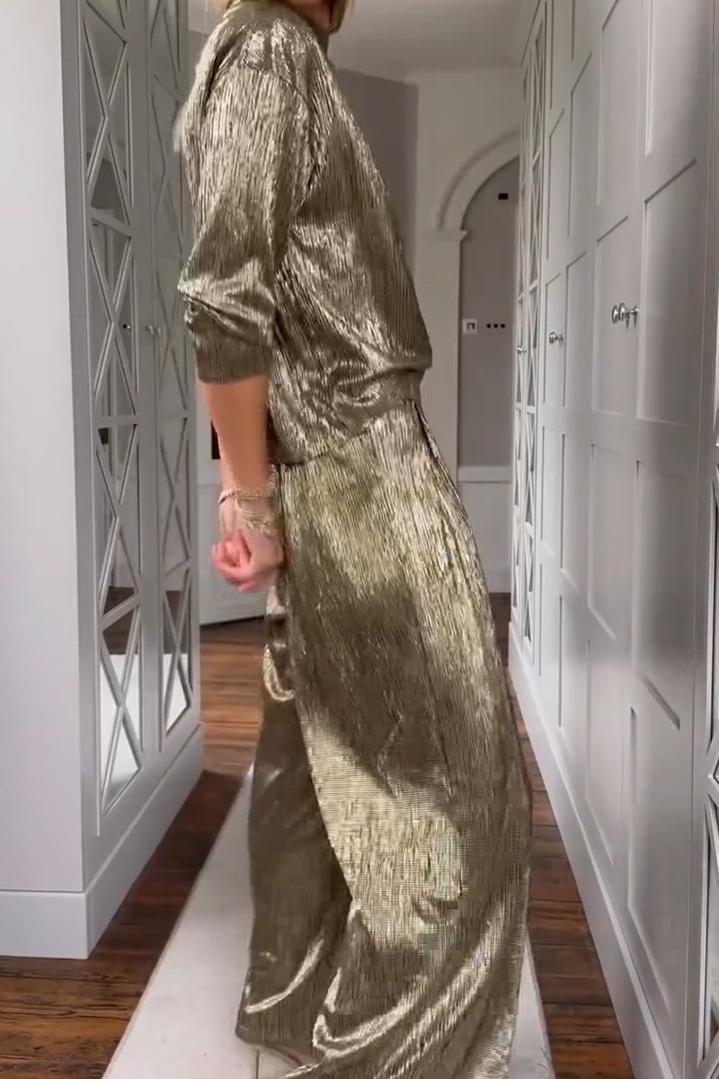 Metallic Fabric Stand Collar Top and Pants Two-piece Set