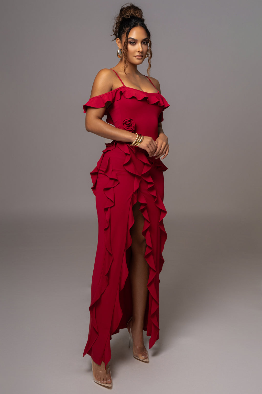 Strapless 3d Split Ruffle Maxi Dress