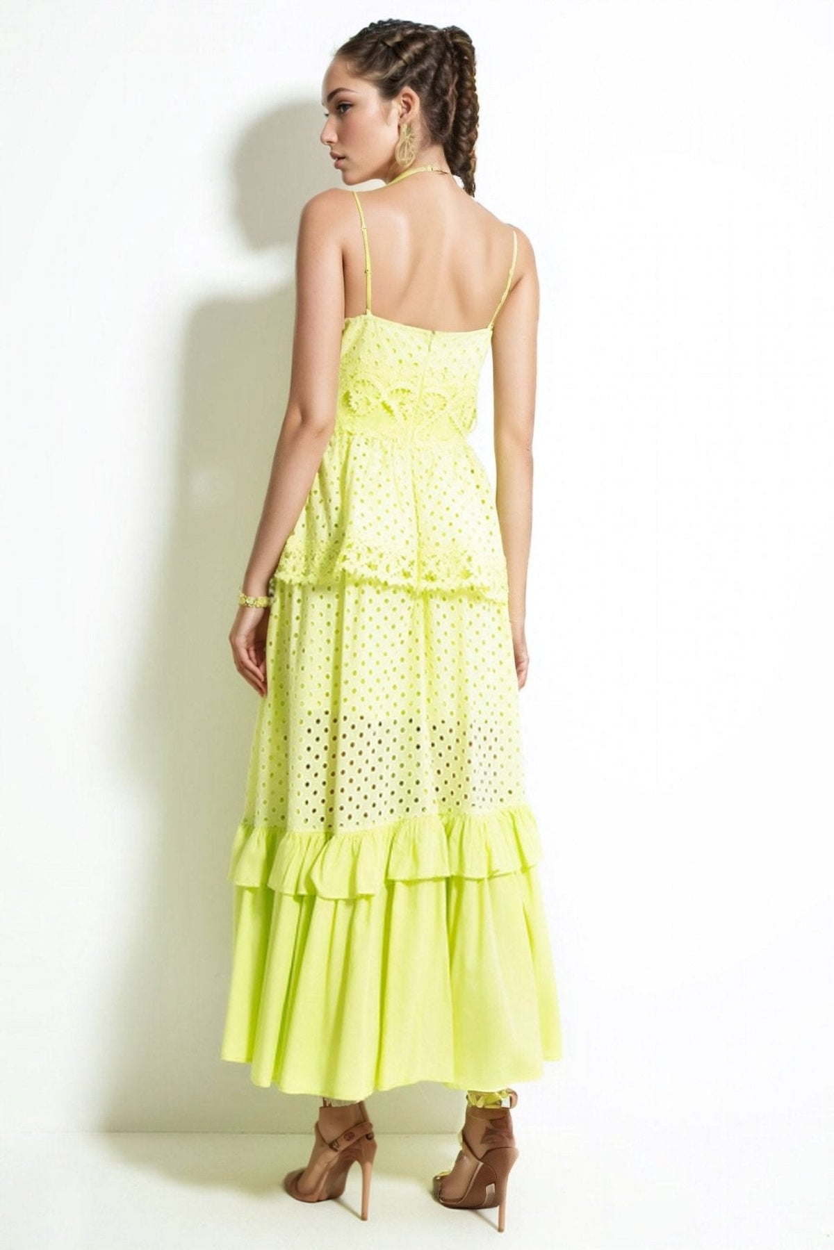 Polka Dot Embroidery Ruffle Slip Maxi Dress