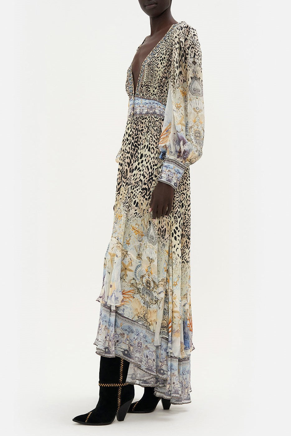 Chiffon Leopard Print V-neck Maxi Dress