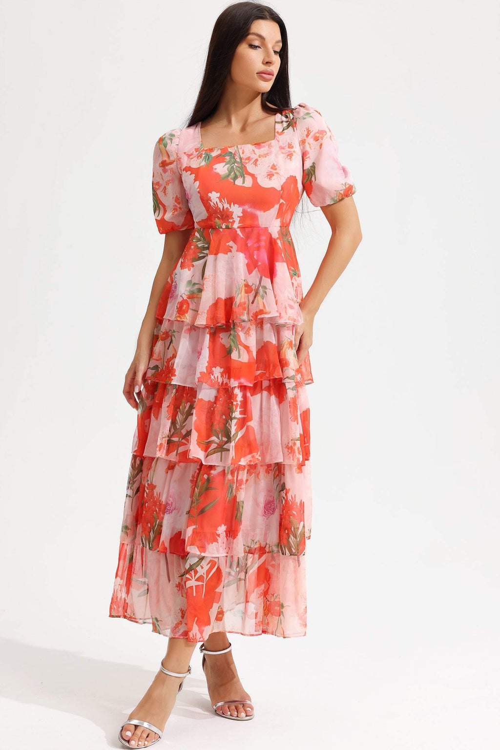 Square Collar Lantern Sleeve Tapered Waist Midi Dress