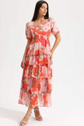 Square Collar Lantern Sleeve Tapered Waist Midi Dress