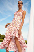 Paisley Strapless Ruffle Midi Dress