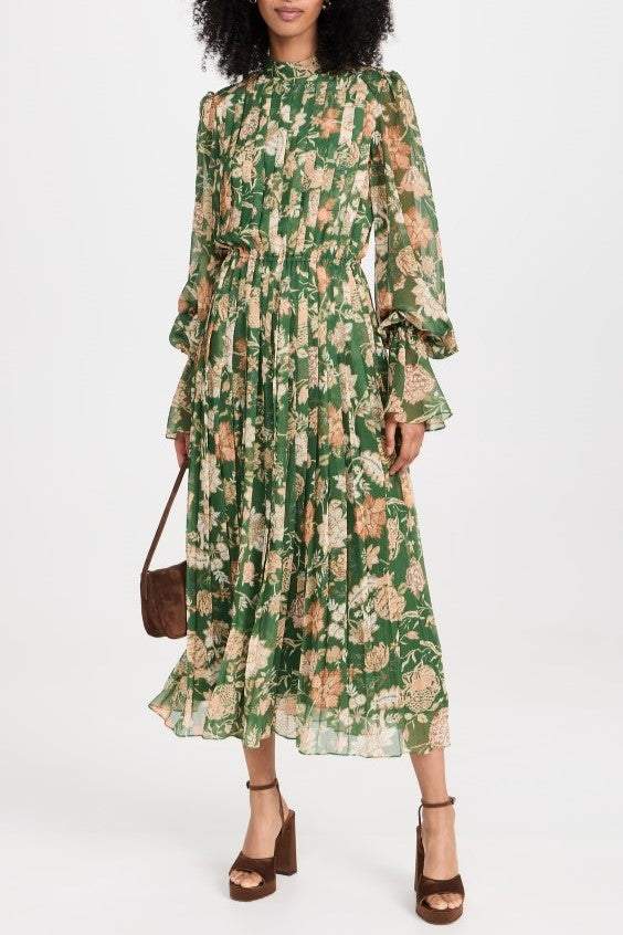 Chiffon V-neck Pleat Midi Dress