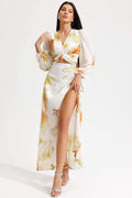 Printed Lantern Sleeve V-neck Cut-out Midi Dress White