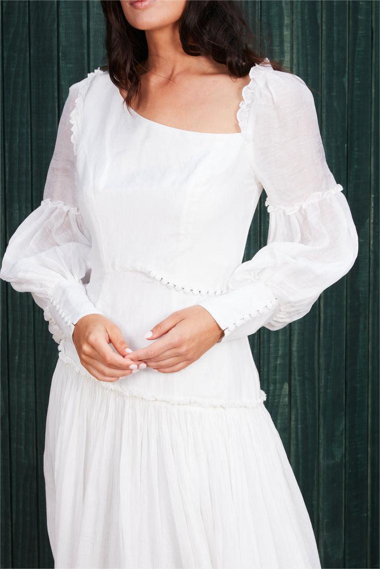 Lantern Sleeve Diagonal Collar Hollow Out Midi Dress White