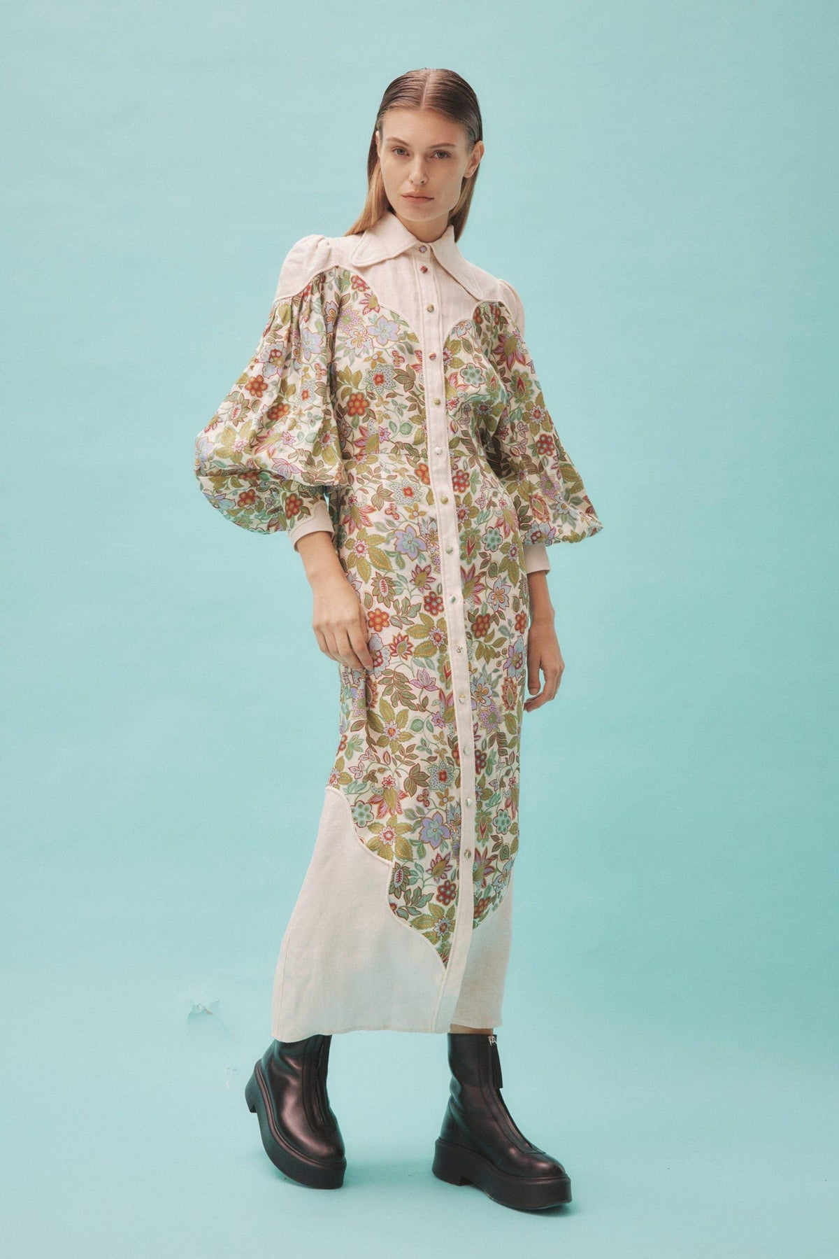 Puff Sleeve Lapel Buttoned Midi Dress