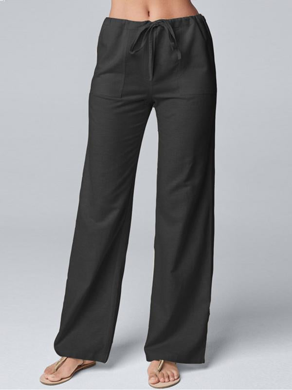 Color Loose Lace-up Cotton Hemp Straight Leg Pants