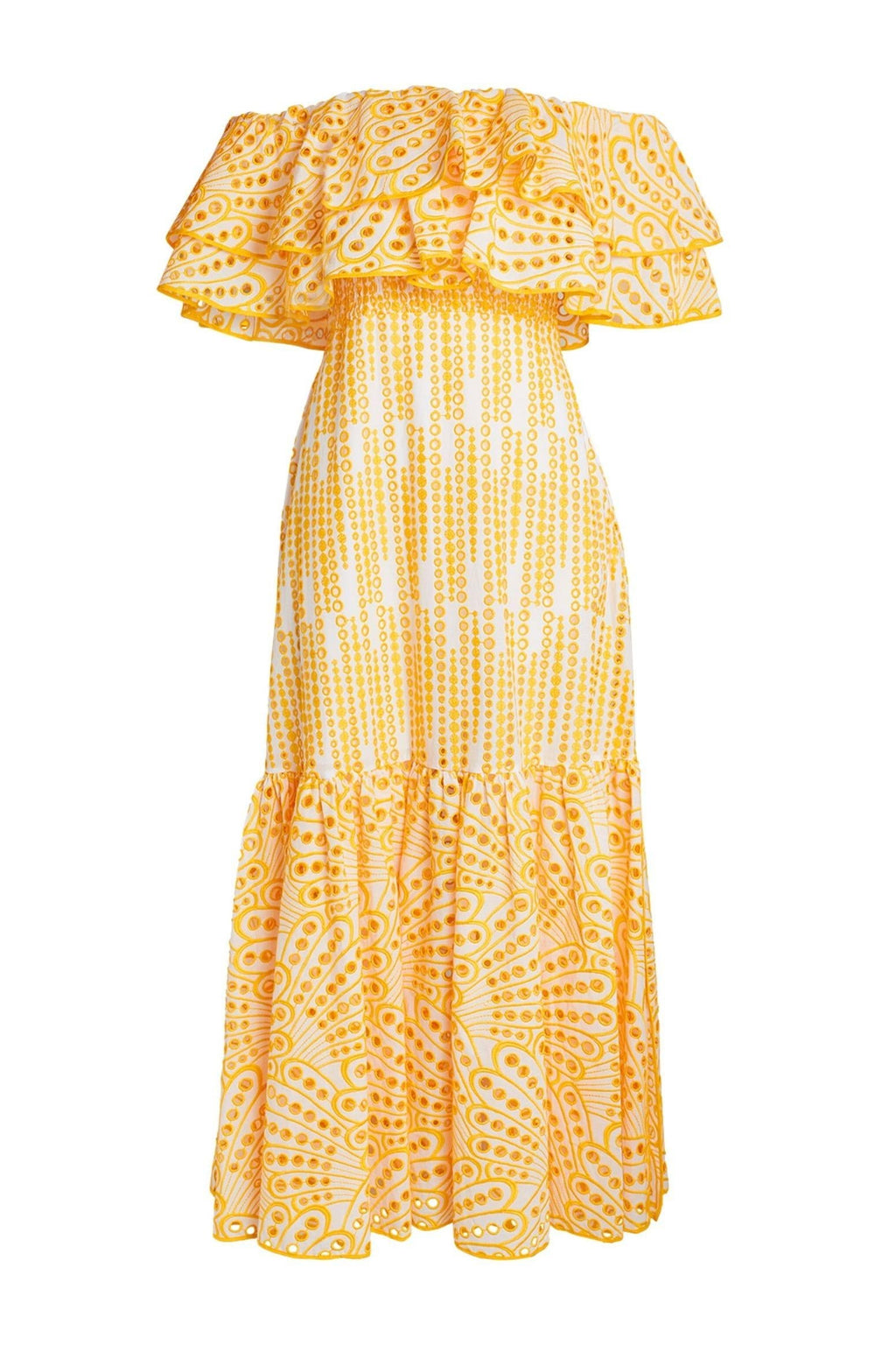 Embroidered Off-shoulder Smocking Midi Dress