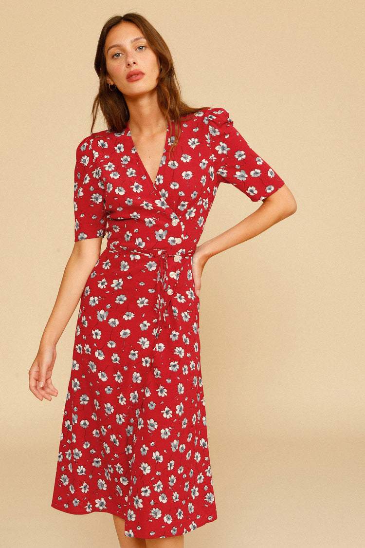 Silk Short Sleeve V-neck Print Midi Dress