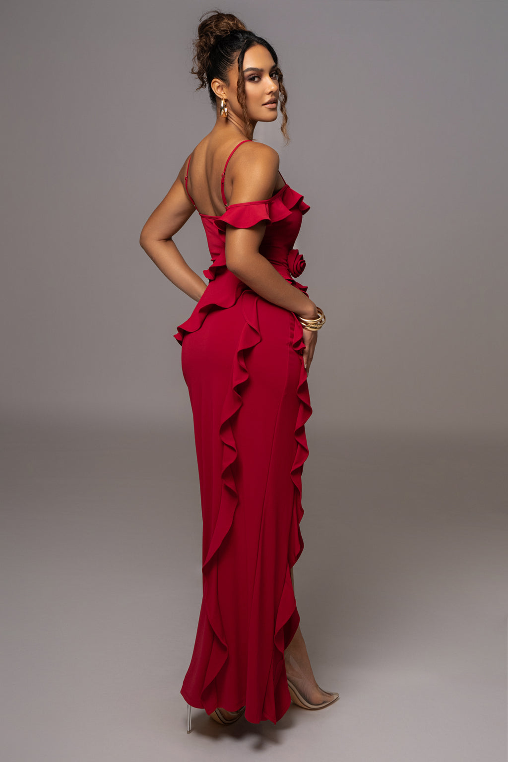 Strapless 3d Split Ruffle Maxi Dress