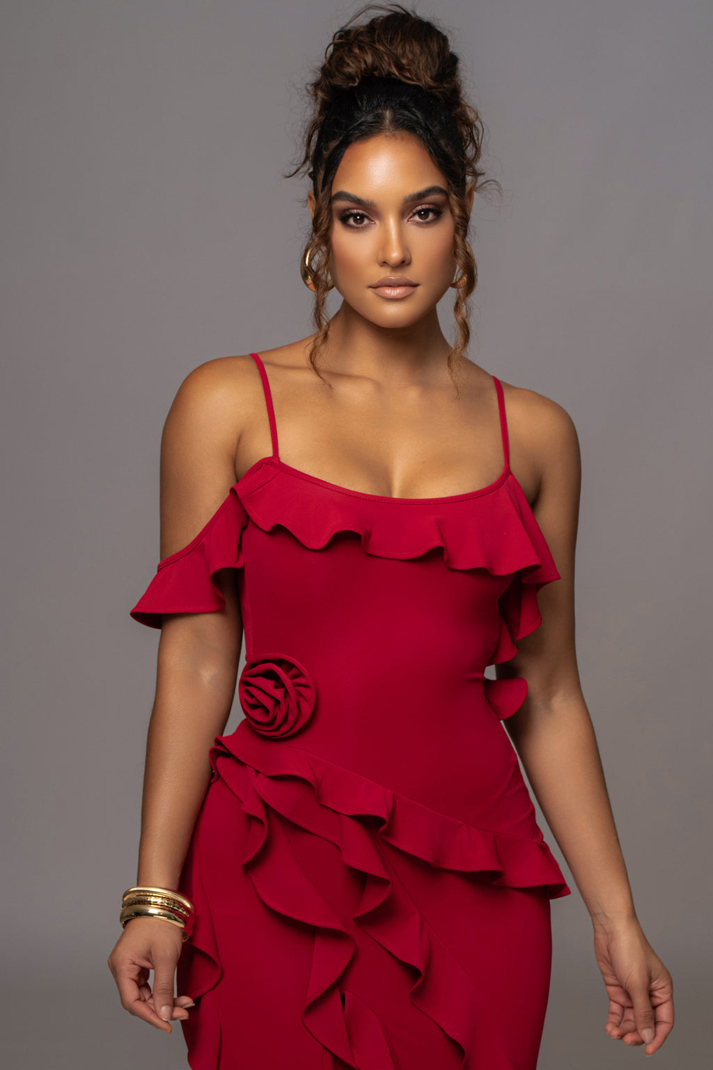 Strapless 3d Split Ruffle Maxi Dress
