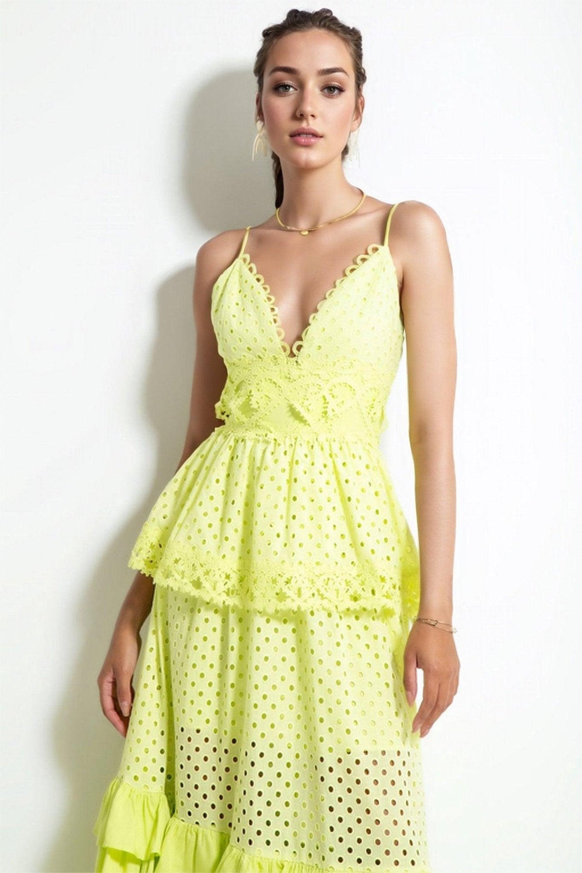 Polka Dot Embroidery Ruffle Slip Maxi Dress