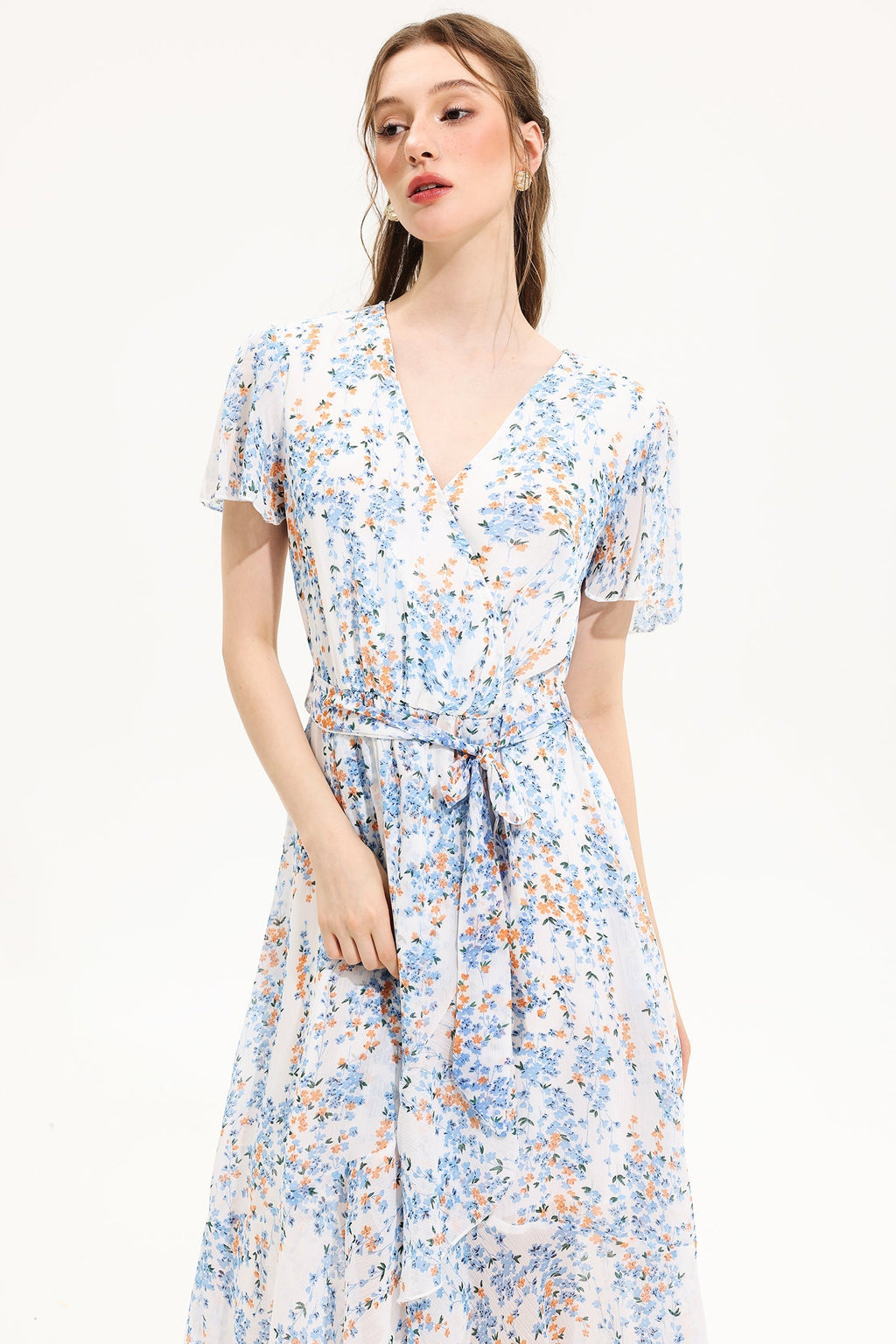V-neck Short Sleeve Midi Dress Yellow