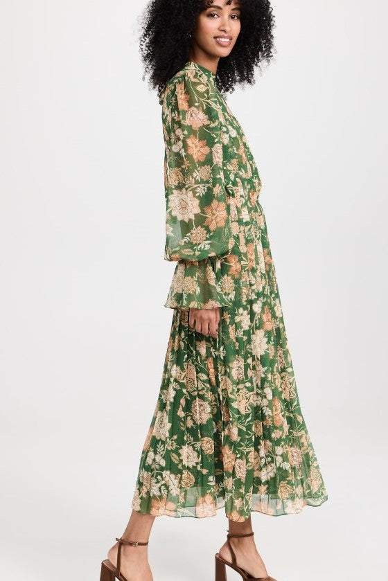 Chiffon V-neck Pleat Midi Dress
