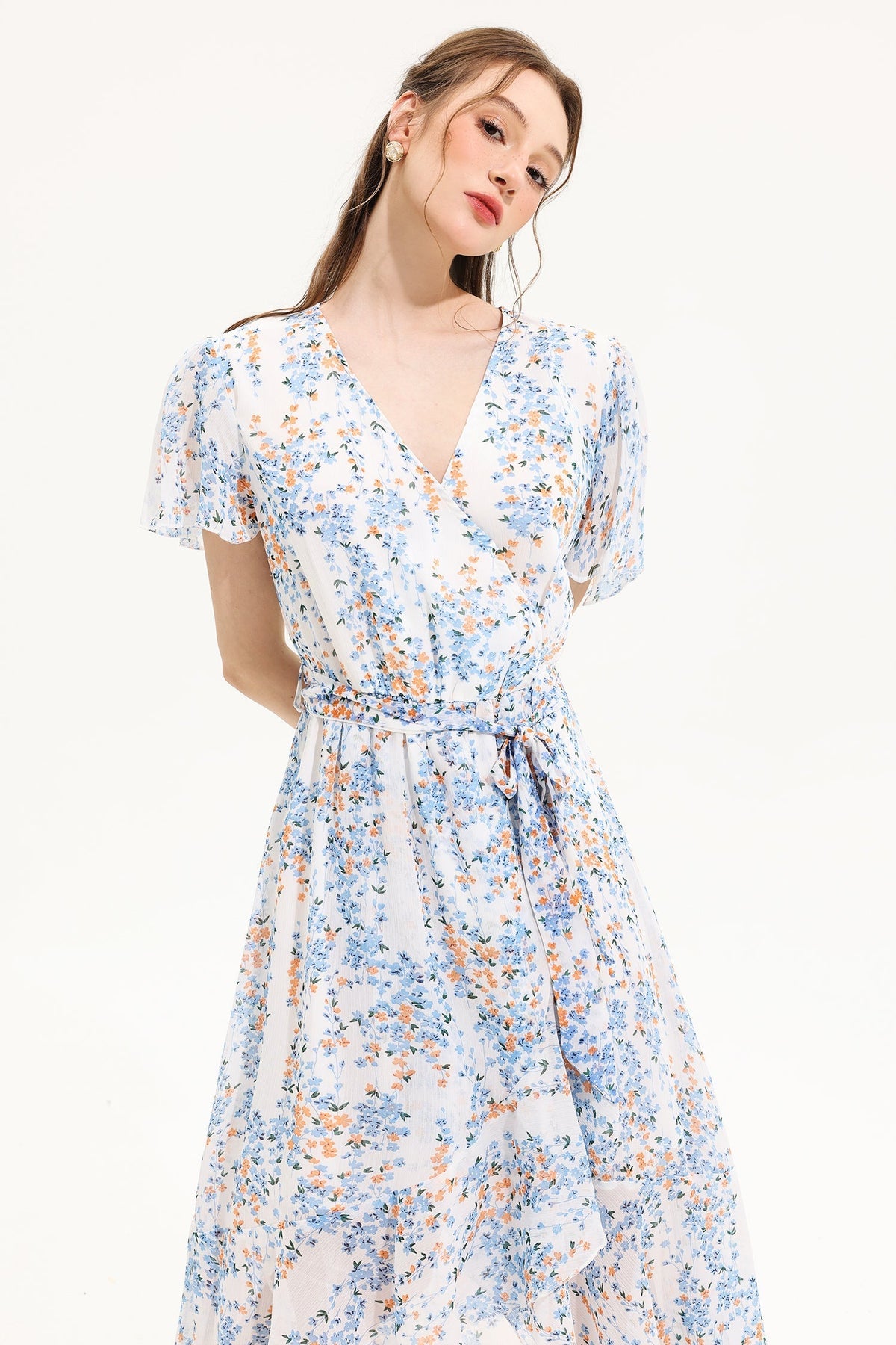 V-neck Short Sleeve Midi Dress Yellow