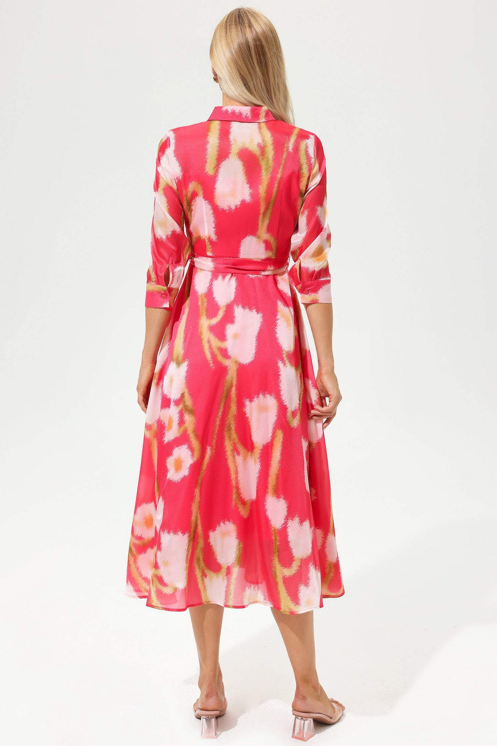 Mid Sleeve Lapel Lace Up Midi Dress