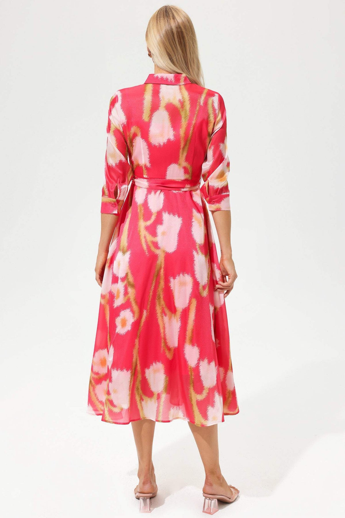 Mid Sleeve Lapel Lace Up Midi Dress