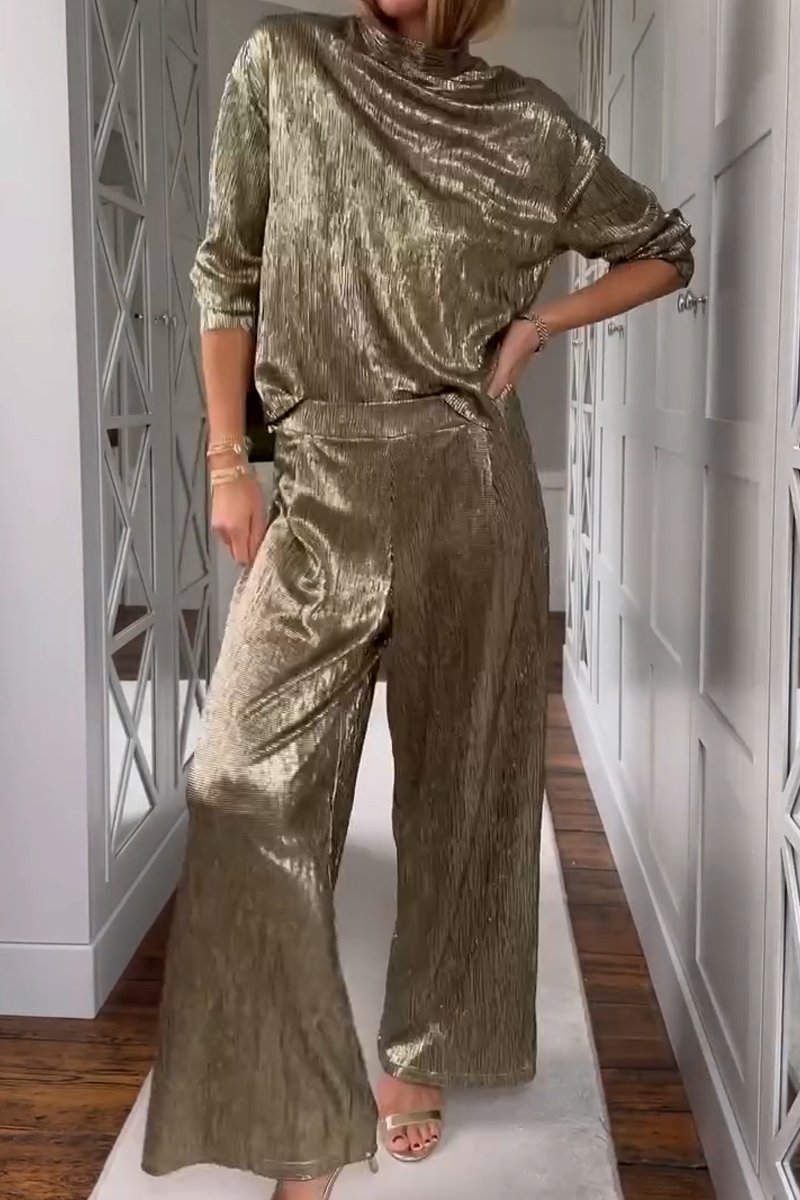 Metallic Fabric Stand Collar Top and Pants Two-piece Set