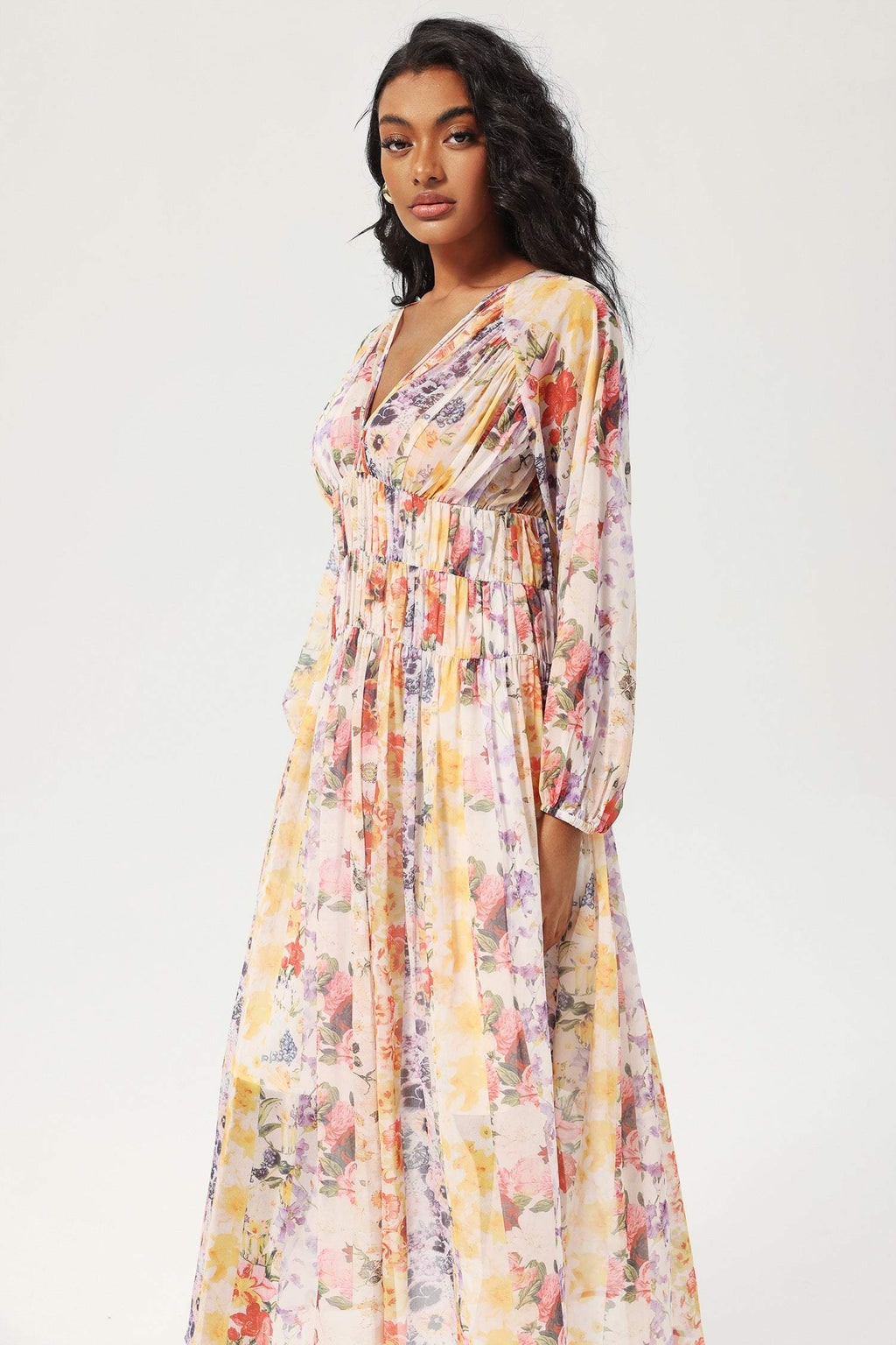 V-neck Lantern Sleeve Midi Dress