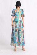 Printed Puff Sleeve V-neck Buckle Maxi Dress