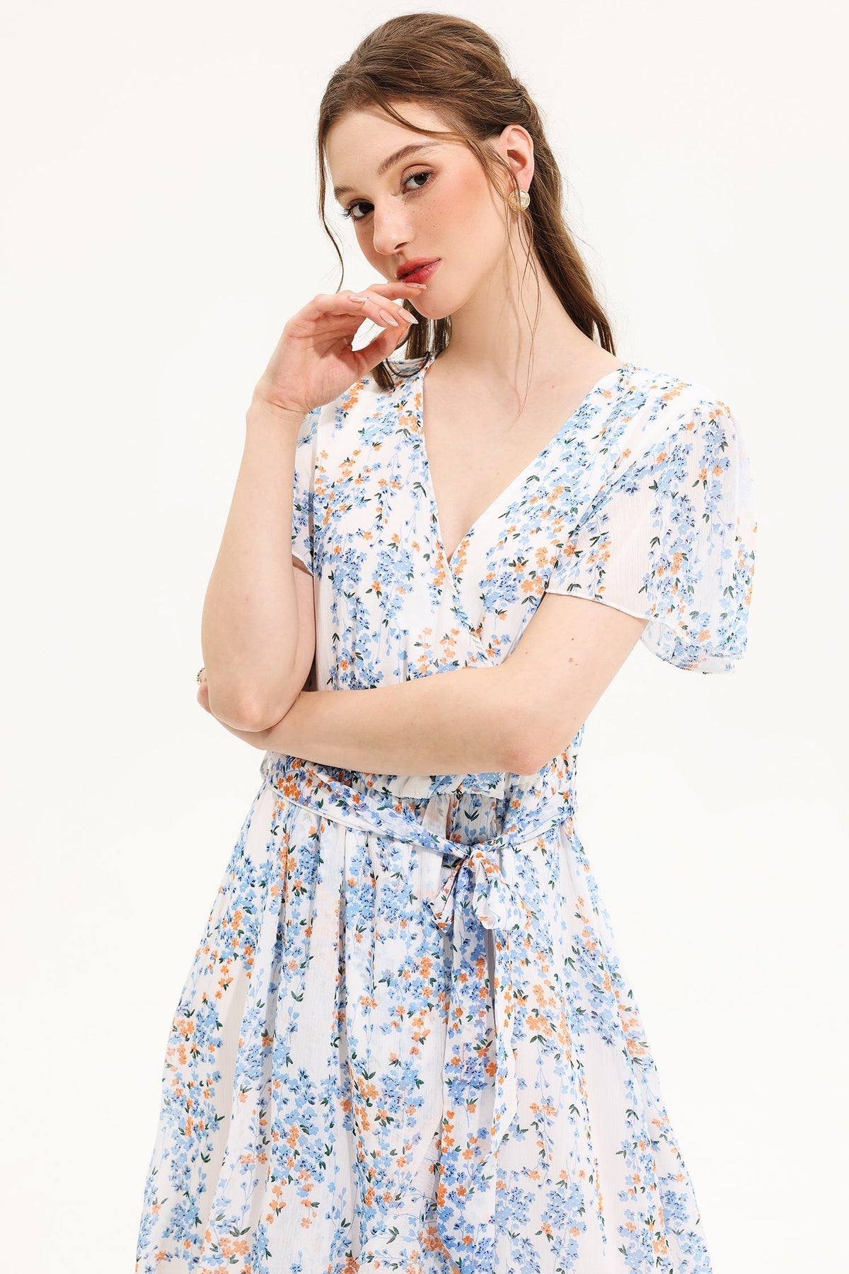 V-neck Short Sleeve Midi Dress Yellow