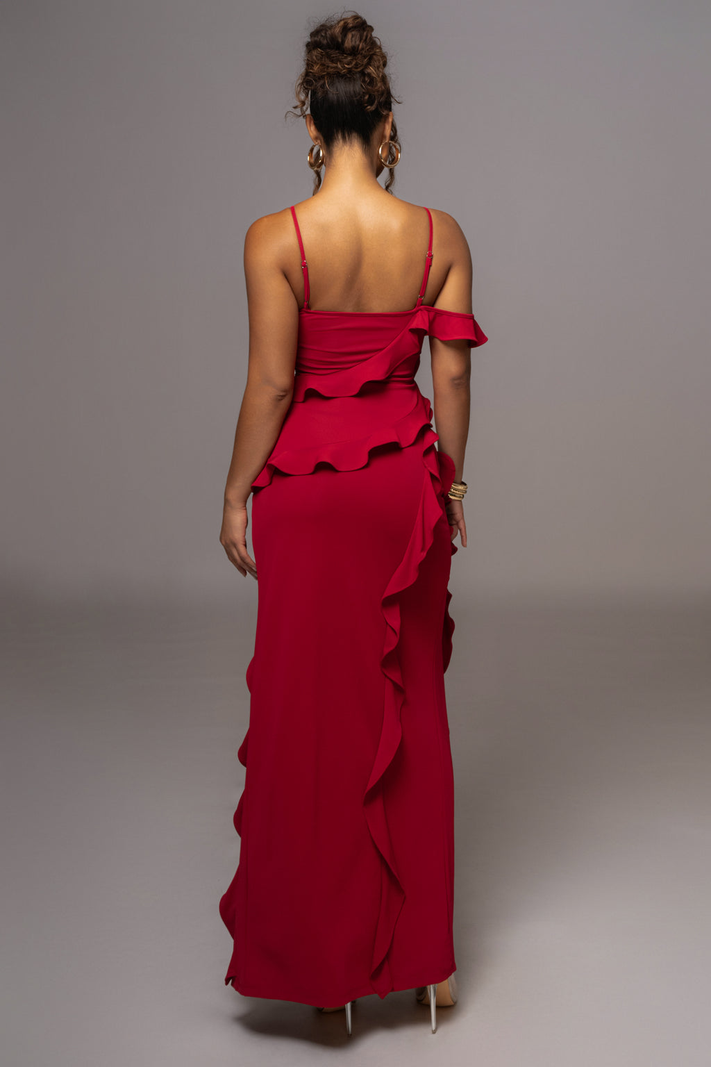 Strapless 3d Split Ruffle Maxi Dress