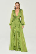 V-neck Ruffle Split Lantern Sleeve Maxi Dress