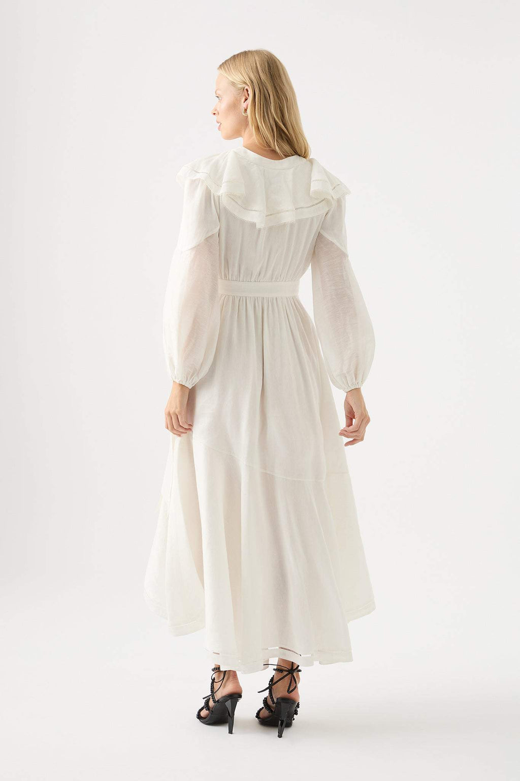 White Long Sleeve V-neck Asymmetric Ruffle Hem Midi Dress
