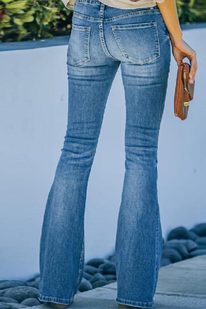 Slim Fit Long Pants Multi-button Flared Pants Washed Jeans