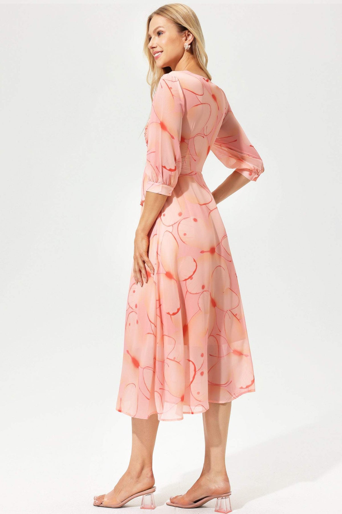 Printed Lantern Sleeve V-neck Pleated Midi Dress